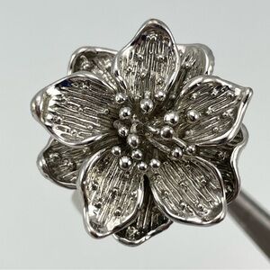 Stunning Bold Silver Tone Flower Statement Ring with Layered Petal Detail